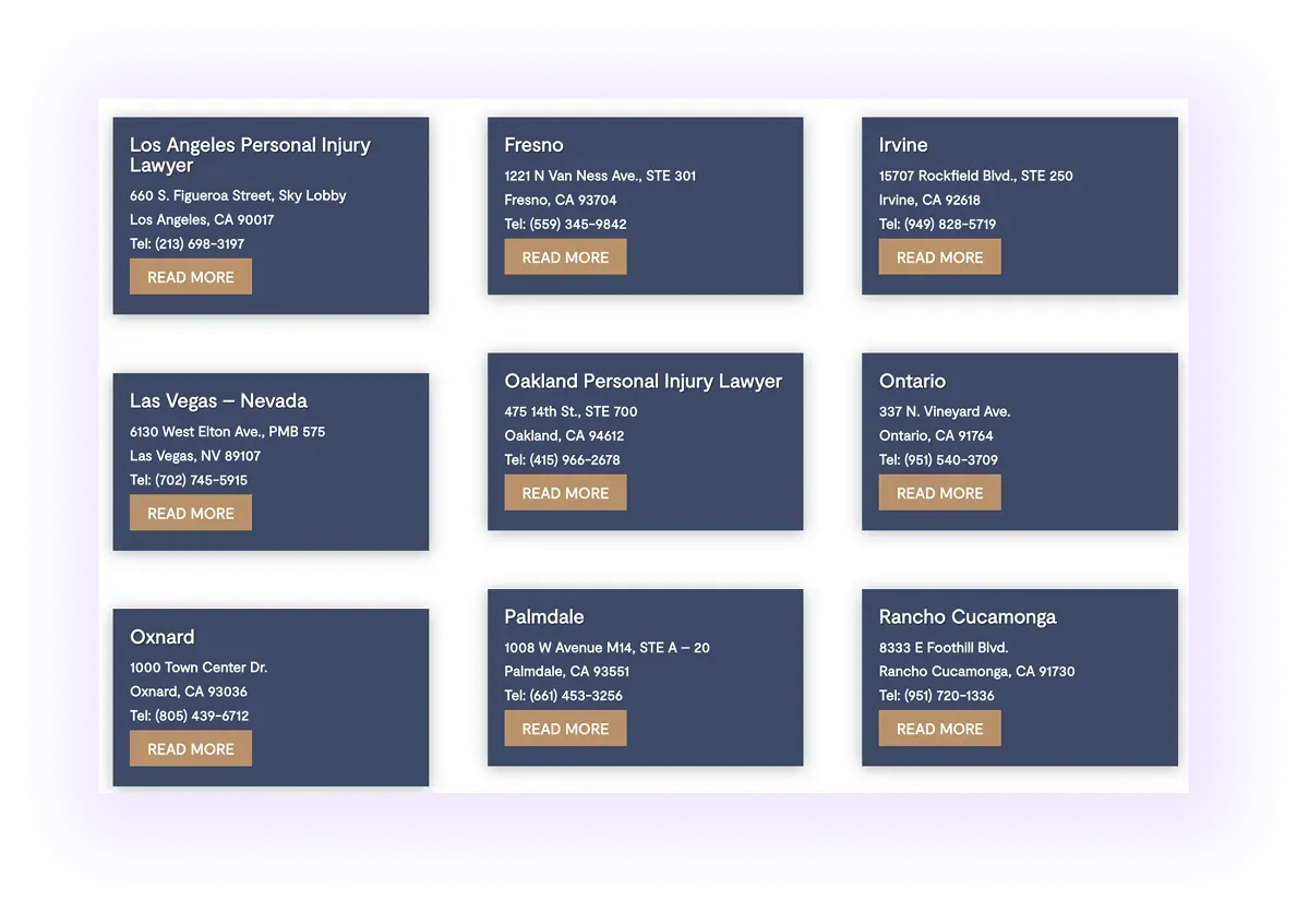 example of local offices' details on a central location hub page on a law firm website
