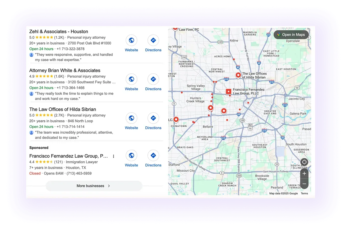 law firm Google Business Profiles showing up on Google Maps
