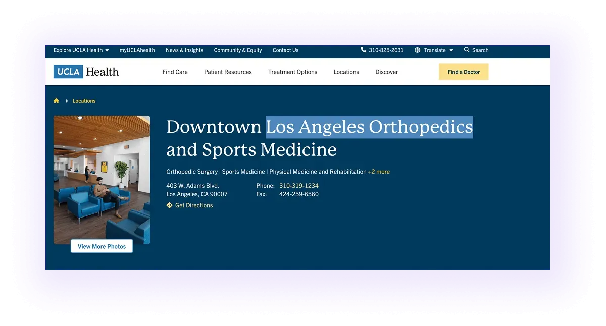 example of a local keyword used in a national orthopedic website's local page