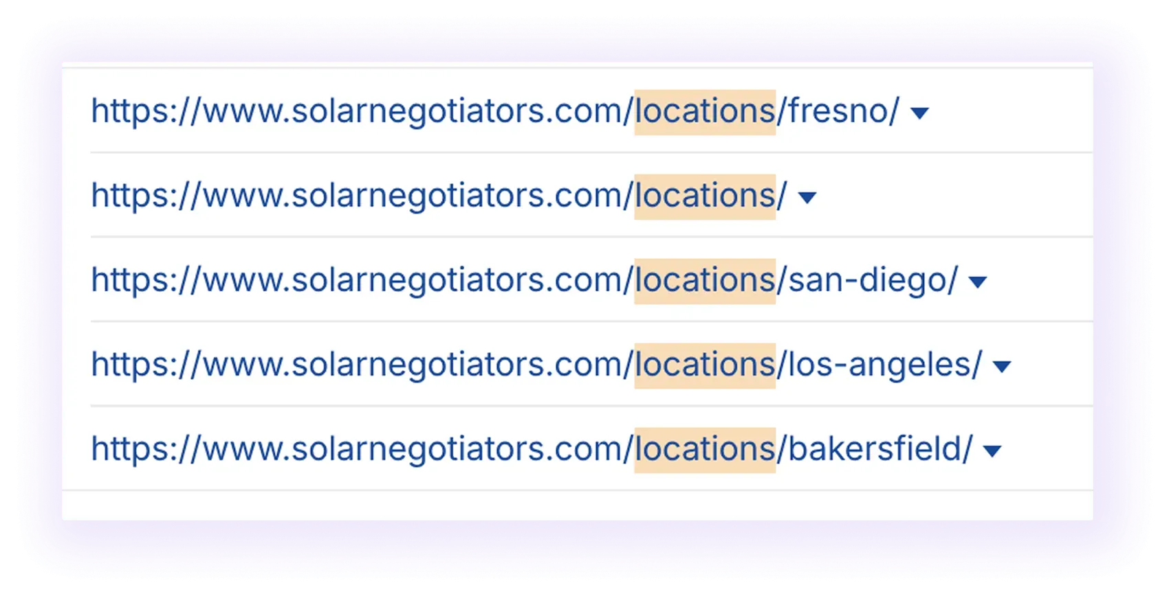 national and local URL structure examples for a solar company website