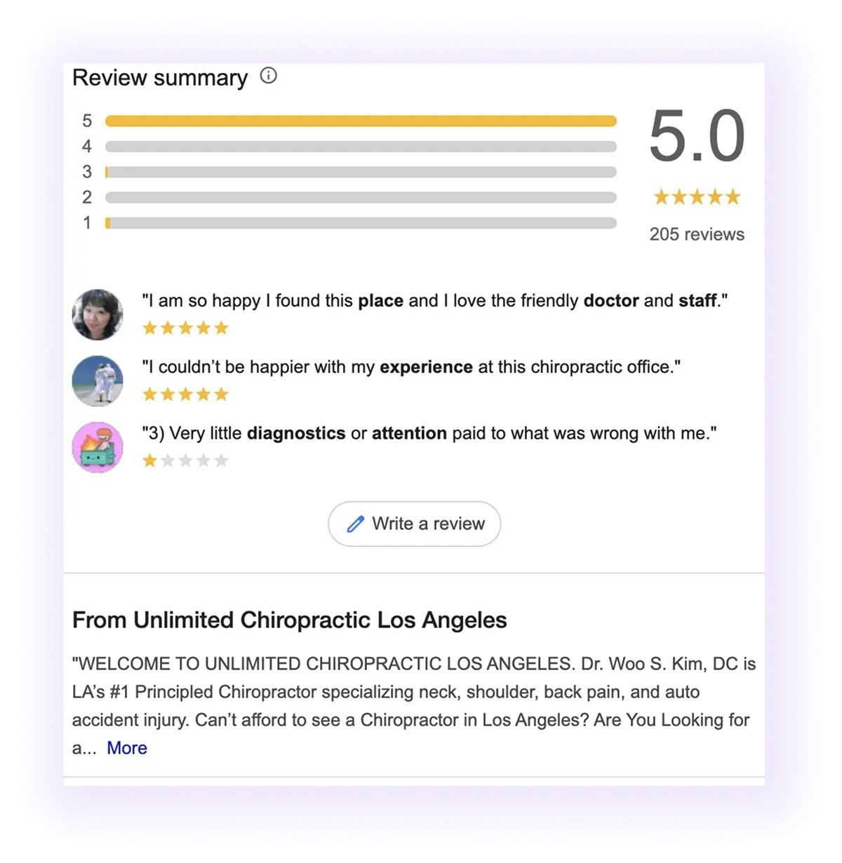review and description sections example for a chiropractor's GMB listing