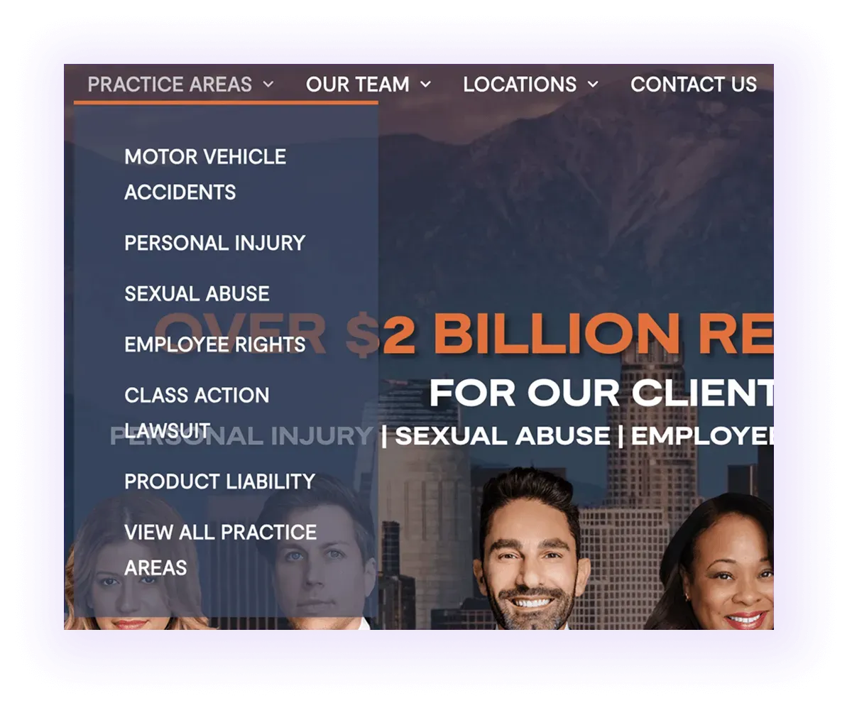 law firm website navigation bar with practice areas drop-down menu
