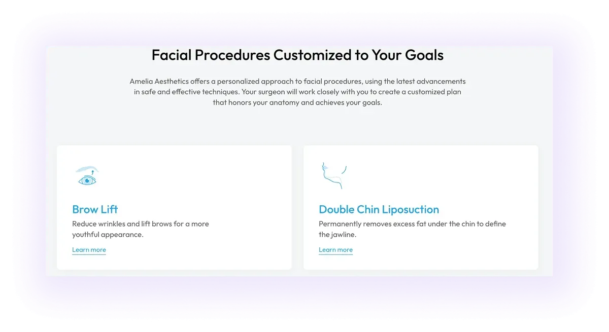 example of service-to-service linking section on a cosmetic surgeons' website
