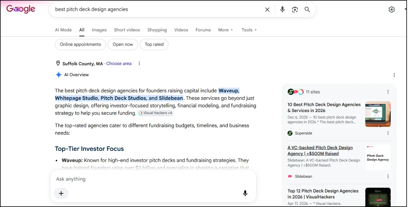 Whitepage Studio appears Google AI Overviews for "best pitch deck design agencies."