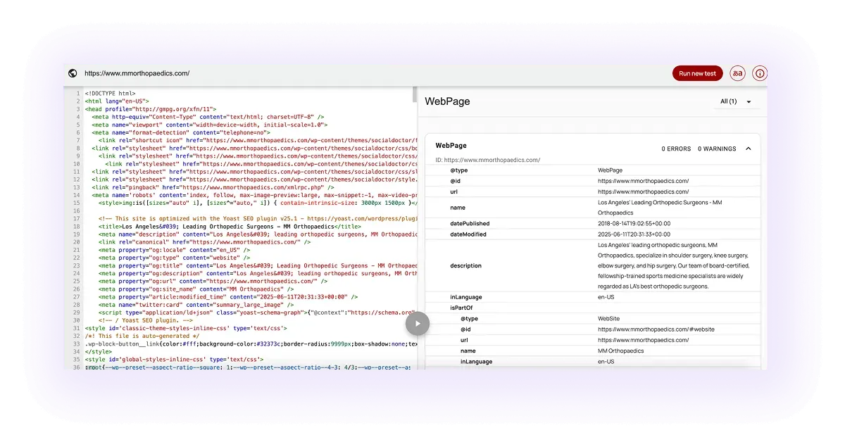 example of an optimized schema markup for an orthopedic website