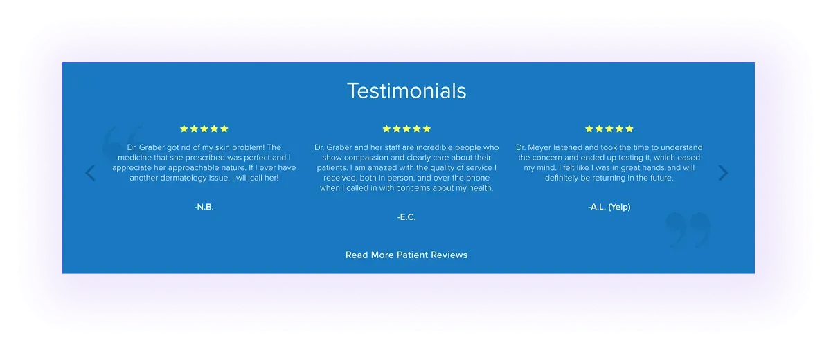 testimonials block on a dermatology website
