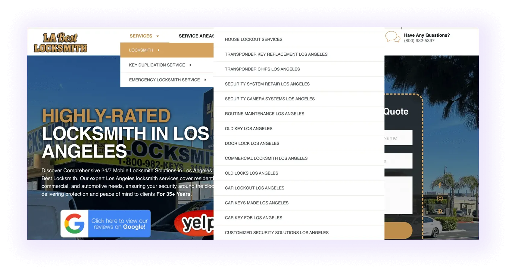 Navigation bar for Locksmith SEO