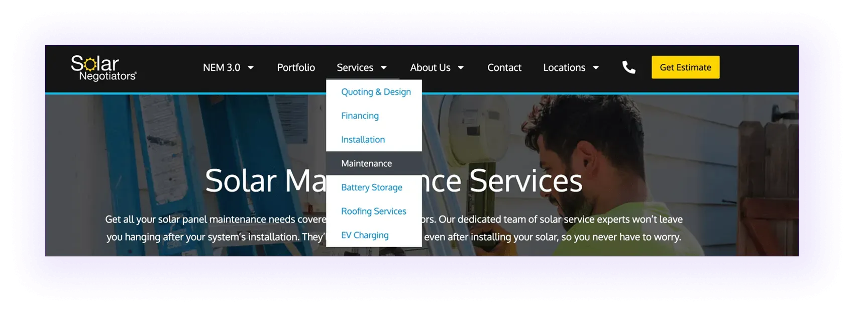 service pages dropdown menu in a solar company website navigation