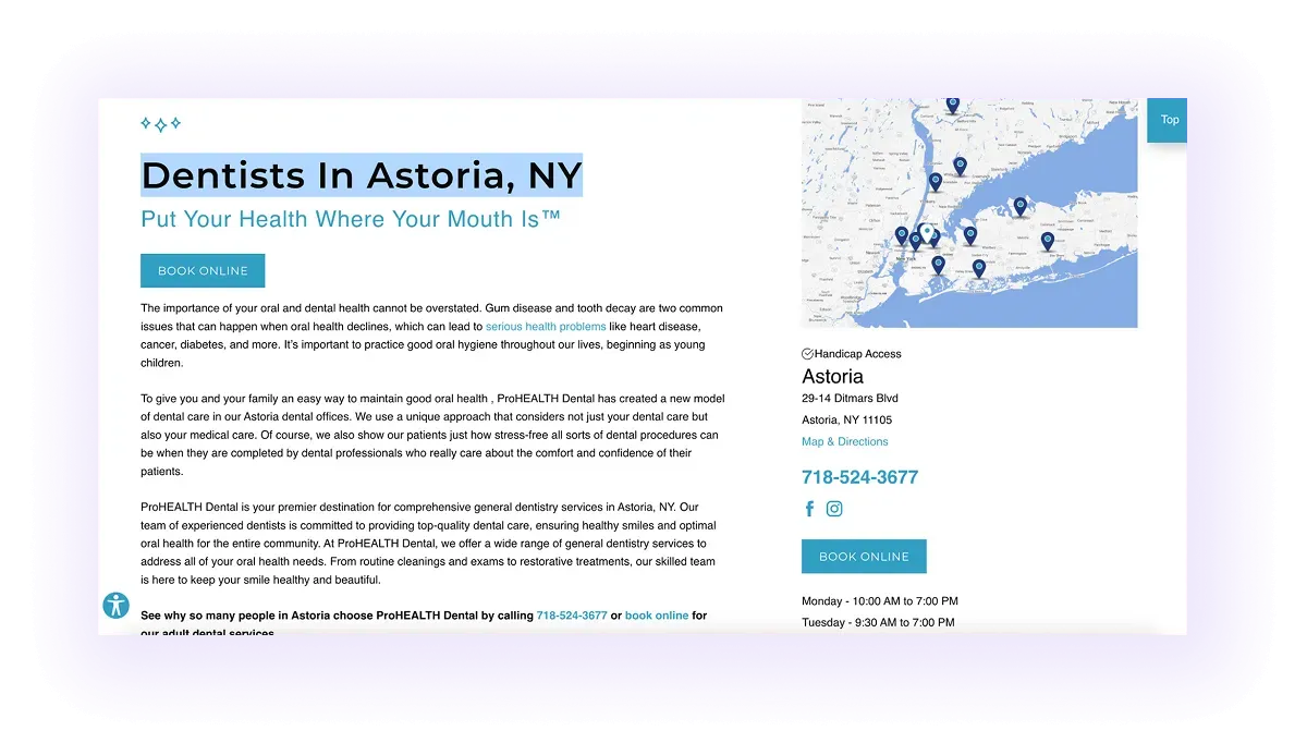 example of a local keyword use in a location page of a multi-area dentist website