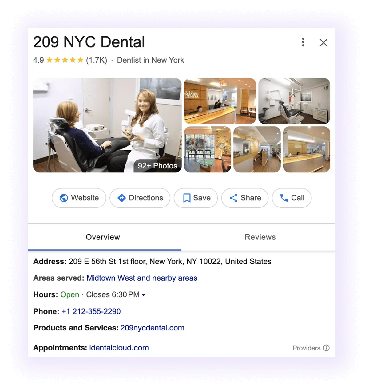 Google Business Profile overview and NAP example for a dentist GMB