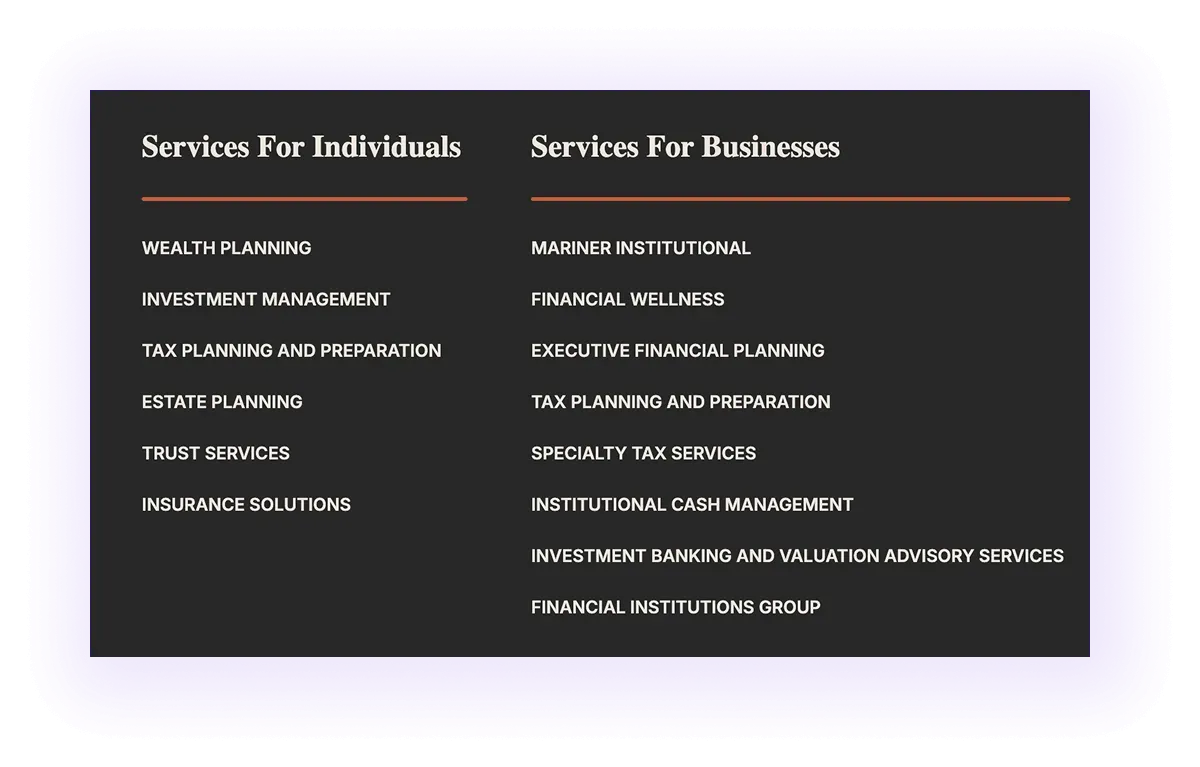financial services website dividing services for individuals and businesses (B2C and B2B)