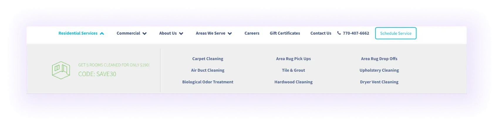 residential and commercial categories in the navigation menu of a carpet cleaner website