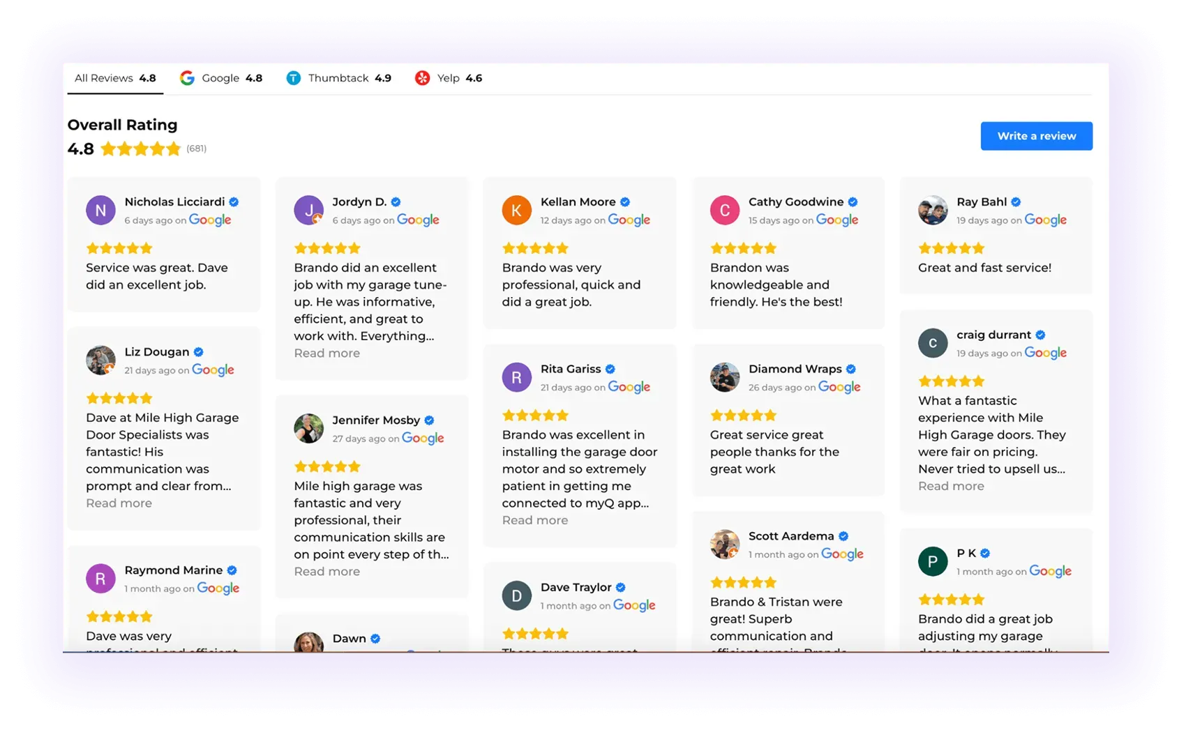 Customer Testimonials for Garage Door SEO