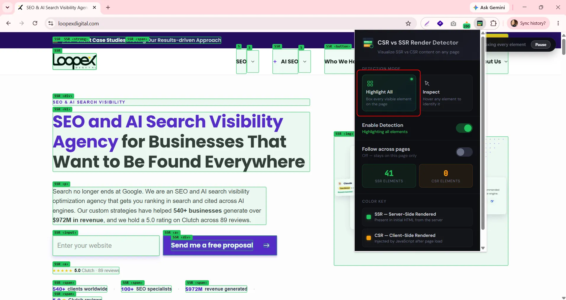 Highlight All mode boxing every element on a homepage, labeled SSR in green and CSR in orange