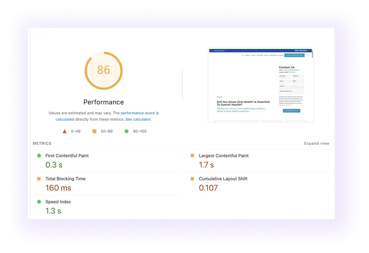 performance score and core web vitals of a dental website