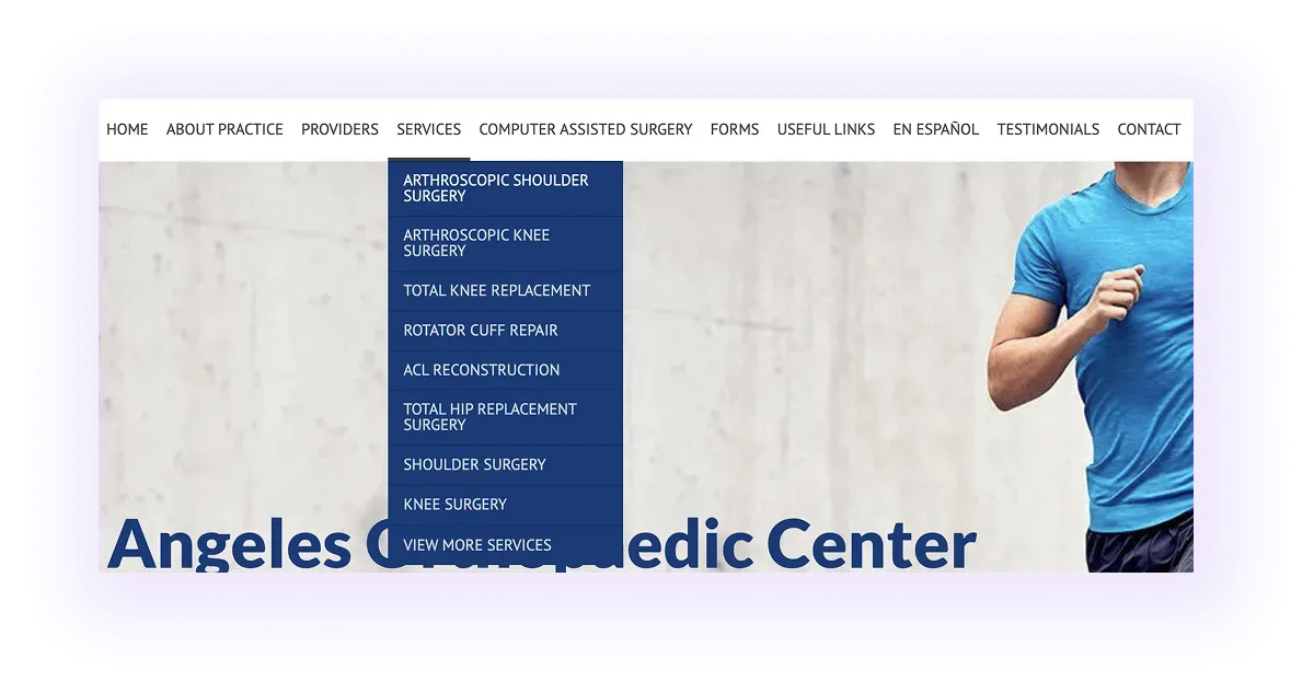 orthopedic website navigation bar with orthopedic services drop-down menu