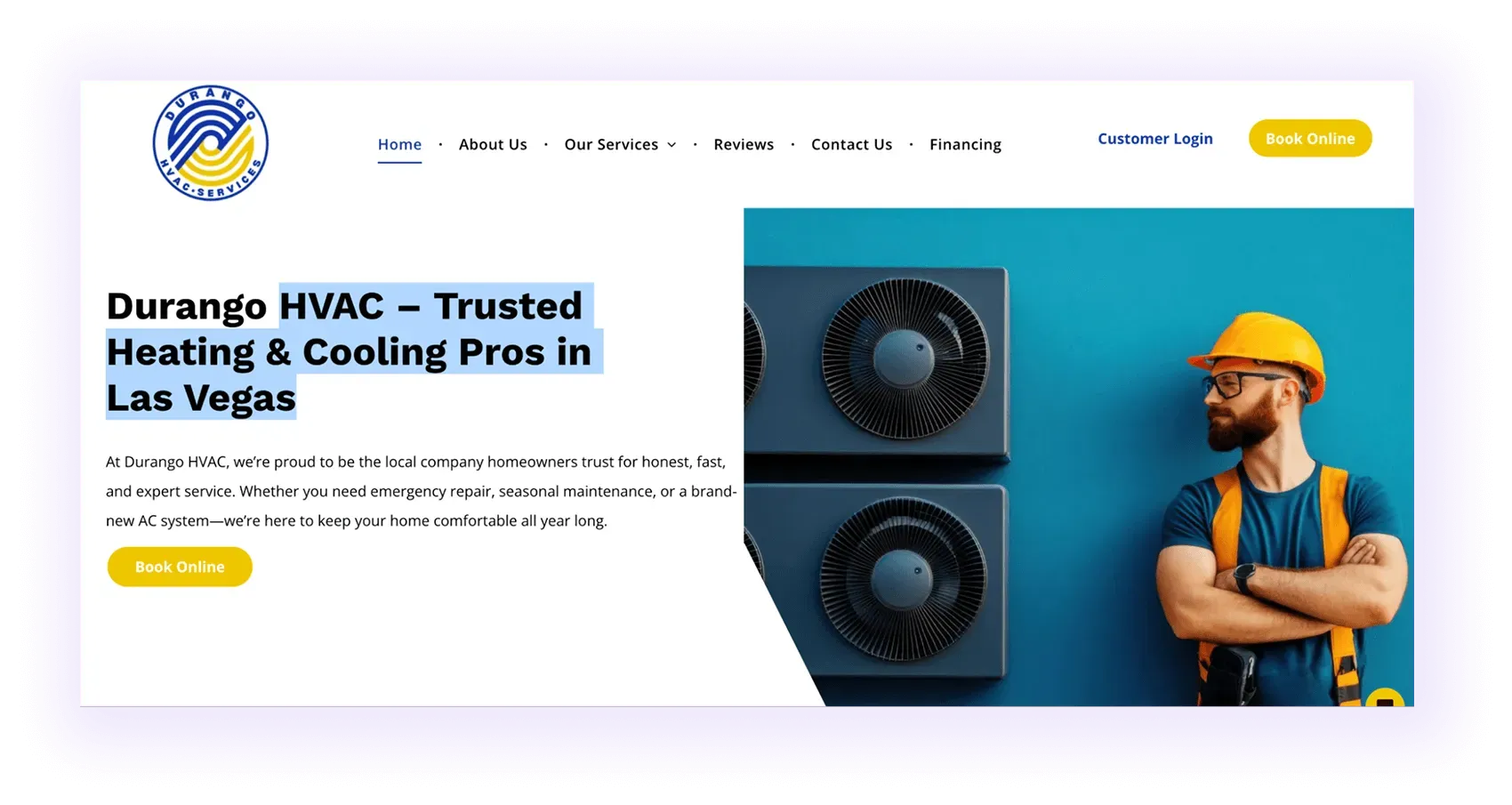 local hvac company website homepage hero section example with a targeted local keyword
