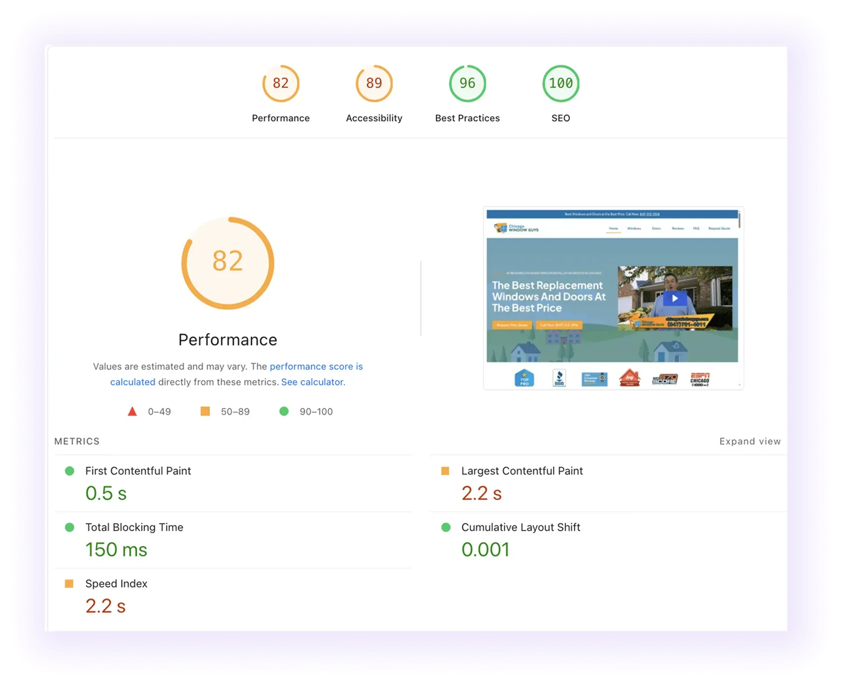 page speed for window and door installation company