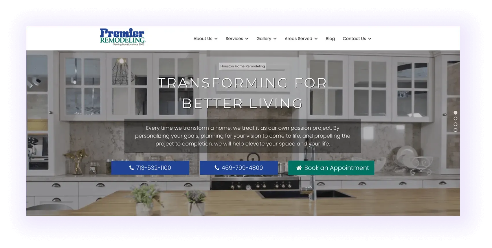 home improvement company website hero and navigation menu example