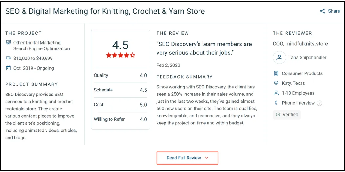 SEO discovery testimonial