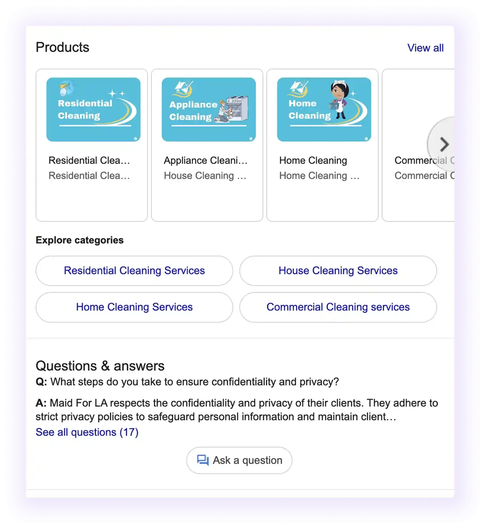 Google Business Profile products and Q/A example for a cleaning company
