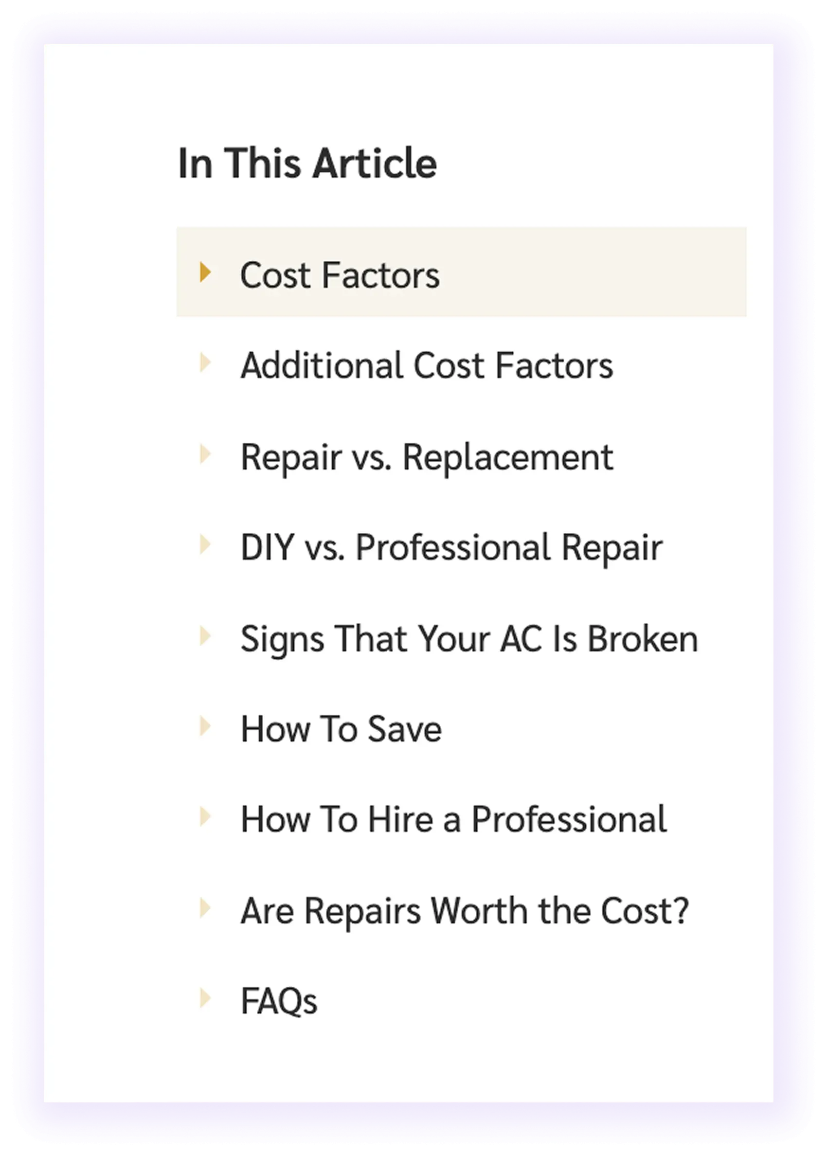 table of contents for easy scanning/navigation on an hvac company website blog