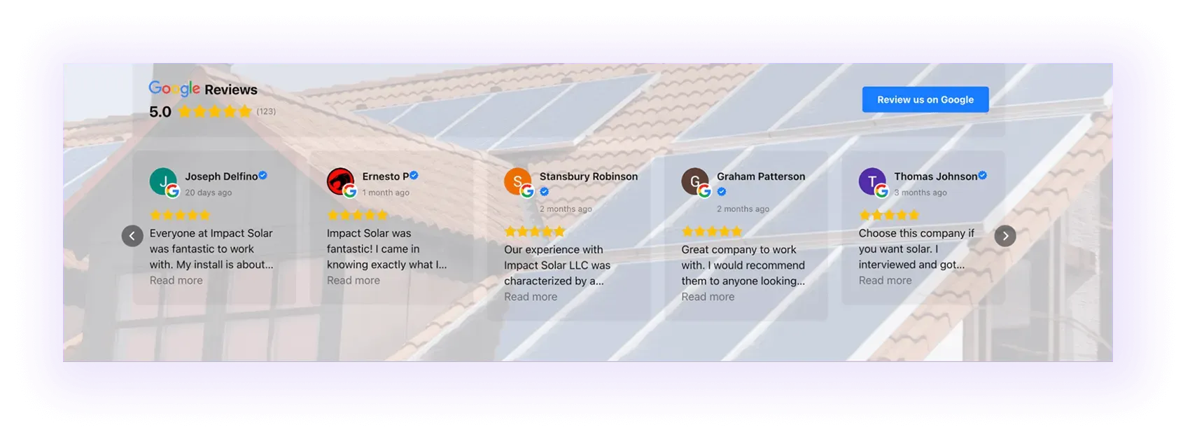 reviews block on a solar company website