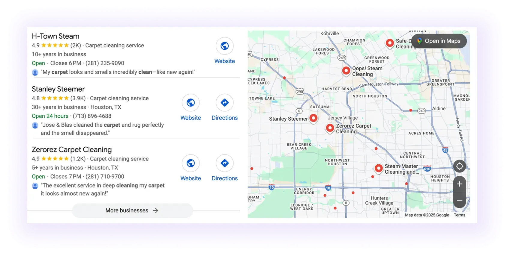 carpet cleaner companies' Google Business Profiles showing up in a map