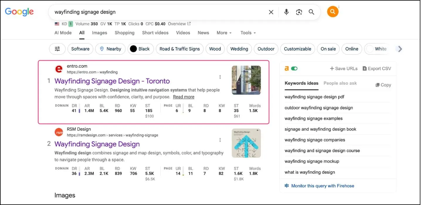 Position 1 in the US for "wayfinding signage design"