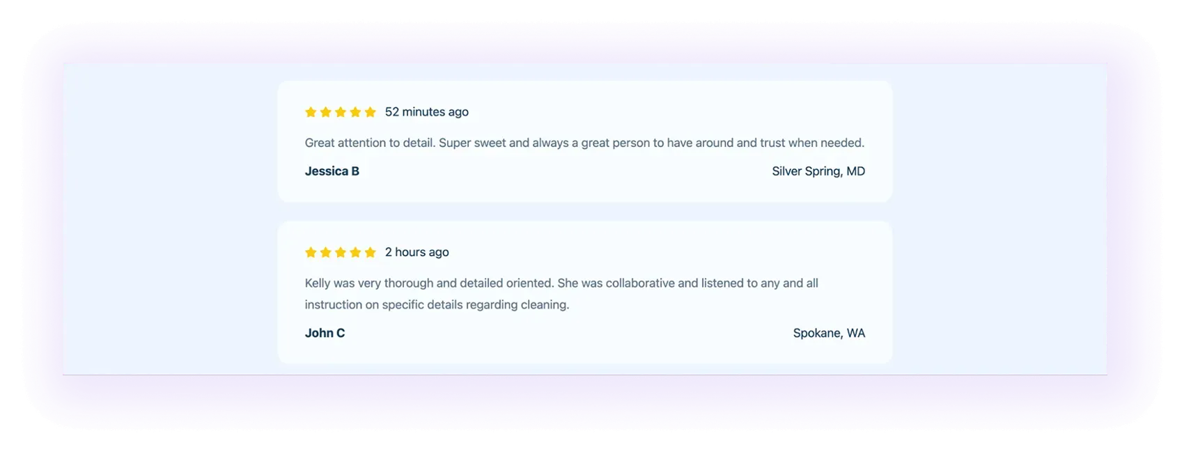 Testimonials and reviews block on a cleaning services website