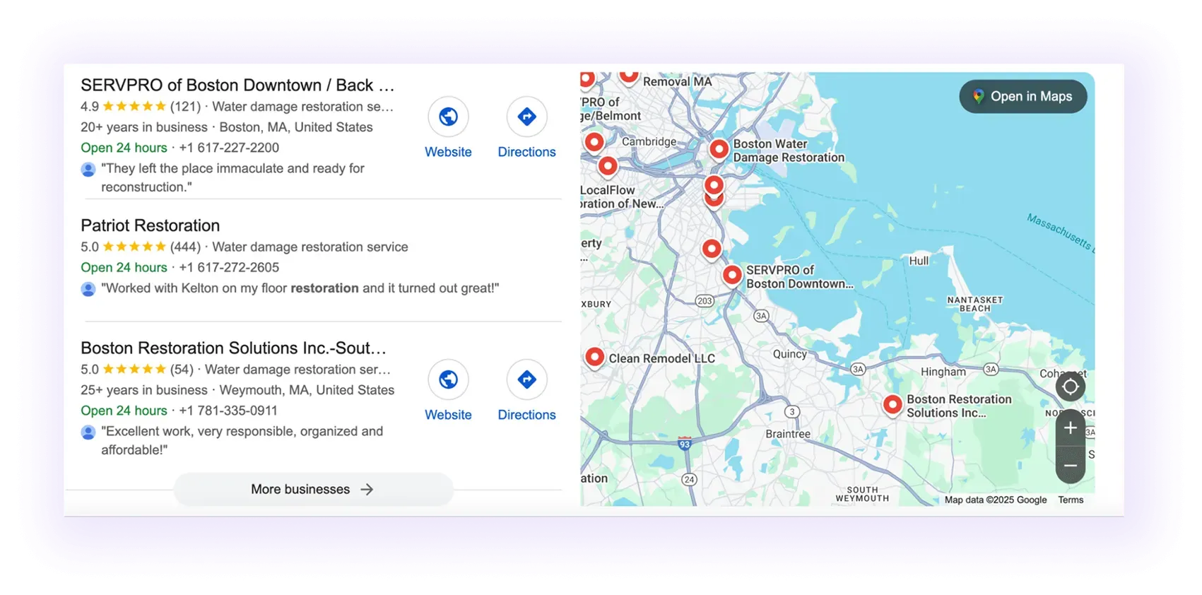 Restoration companies' Google Business Profiles showing up in a map