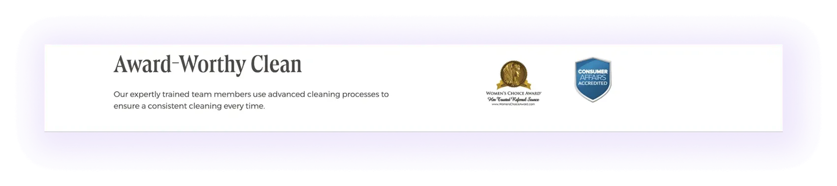 Awards and credentials block on a cleaning services website