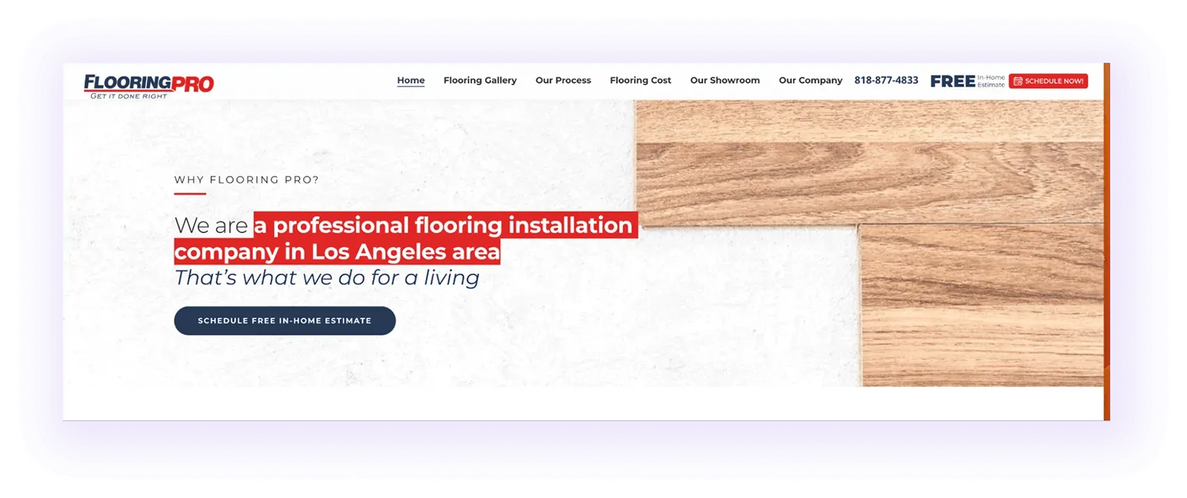 local flooring website homepage hero section example with a targetted local keyword