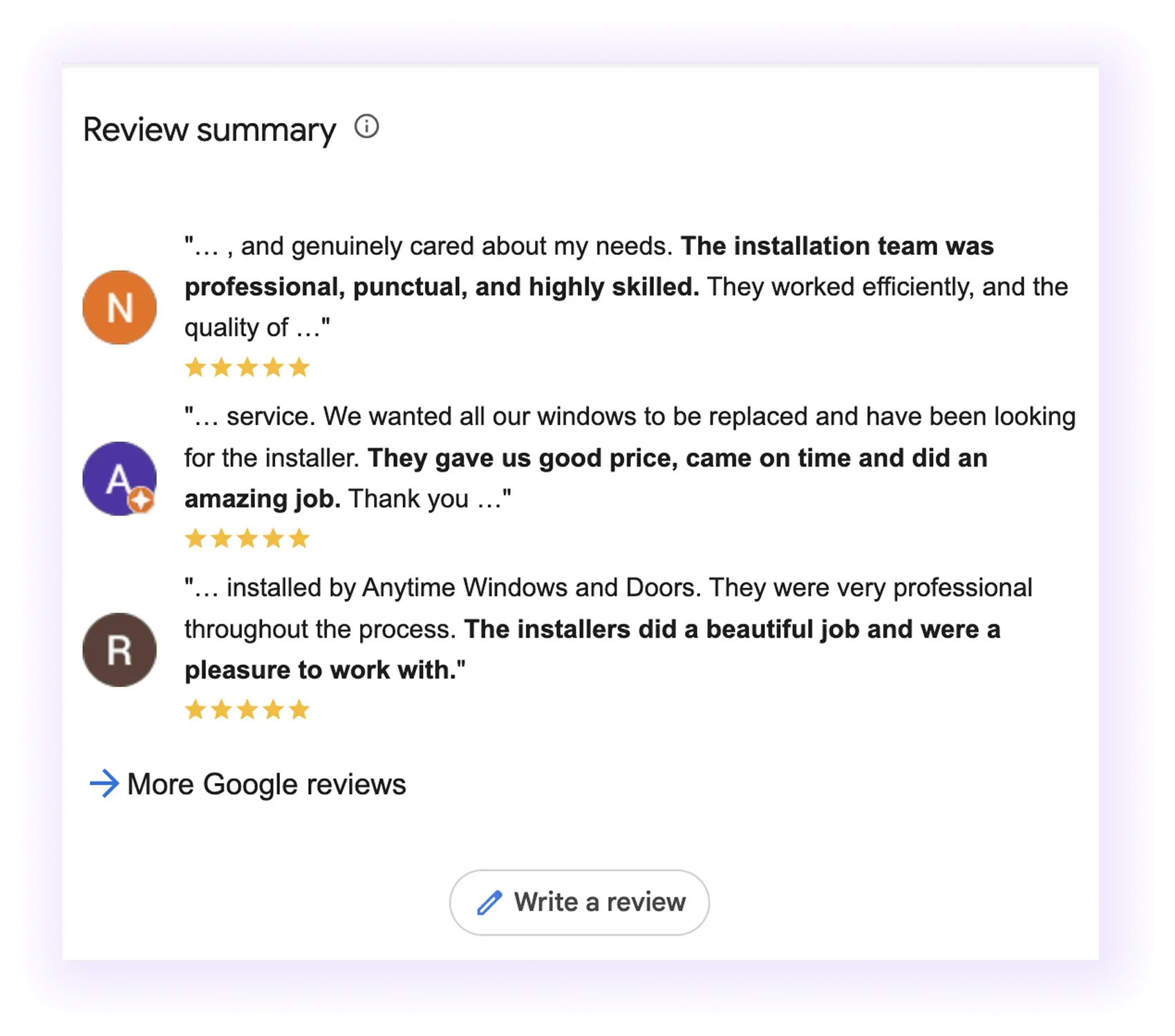Example of reviews for Window and door installation company