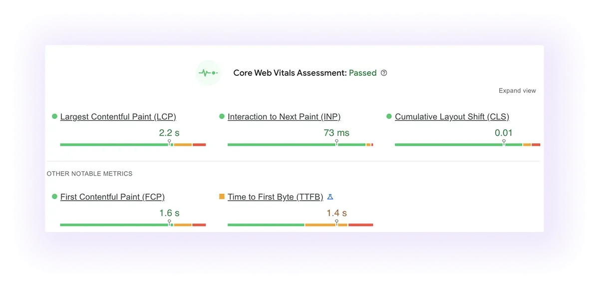 Core Web Vitals assessment passes result for a dental website
