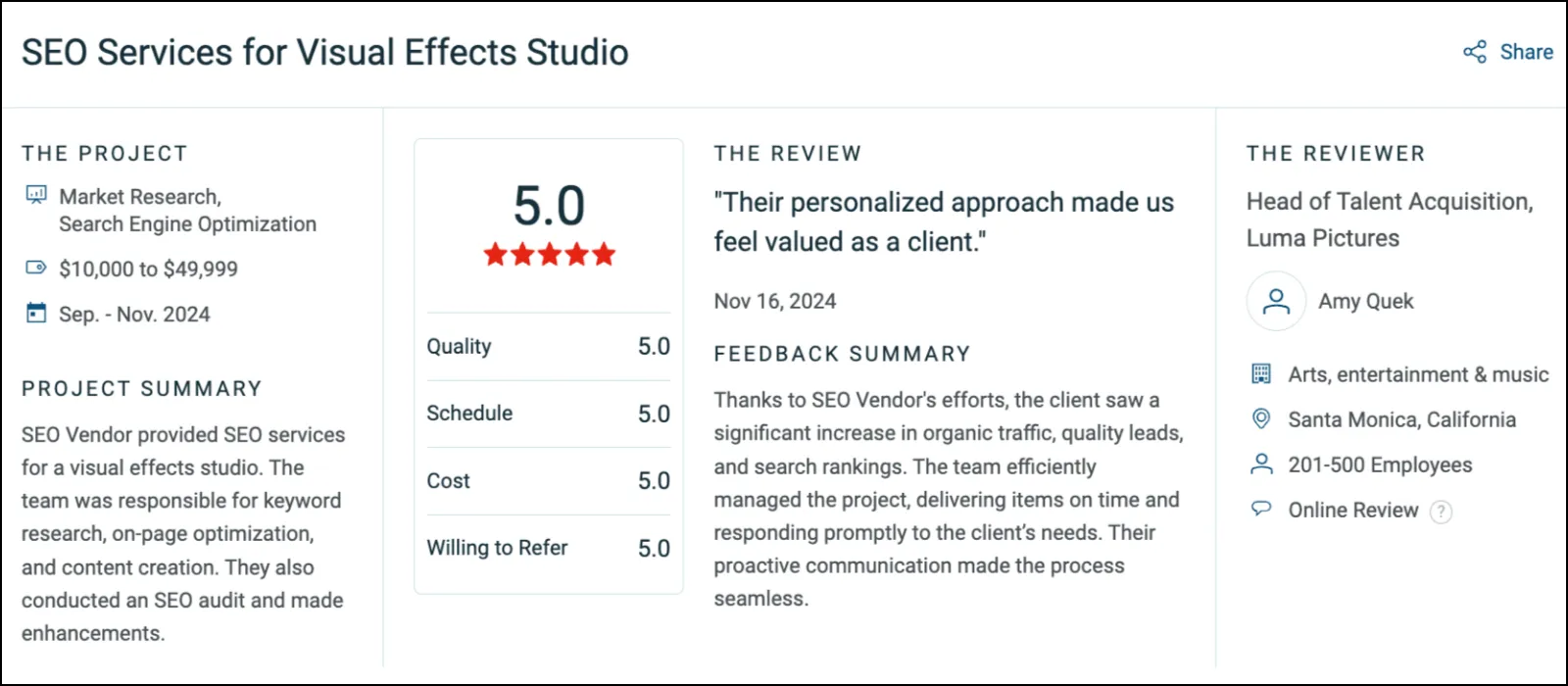 seo vendor client testimonial