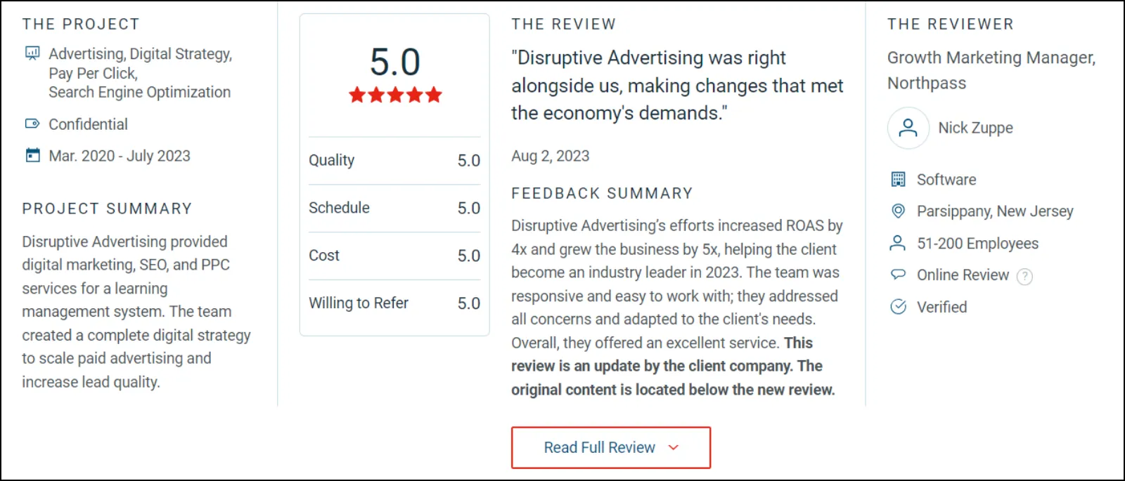client feedback about Disruptive Advertising's services