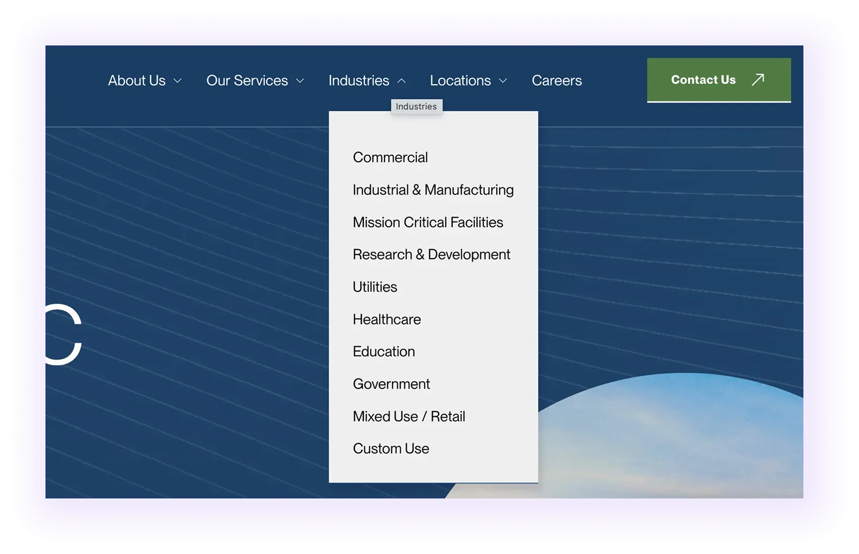 various industry pages linked in a navigation bar of an hvac website