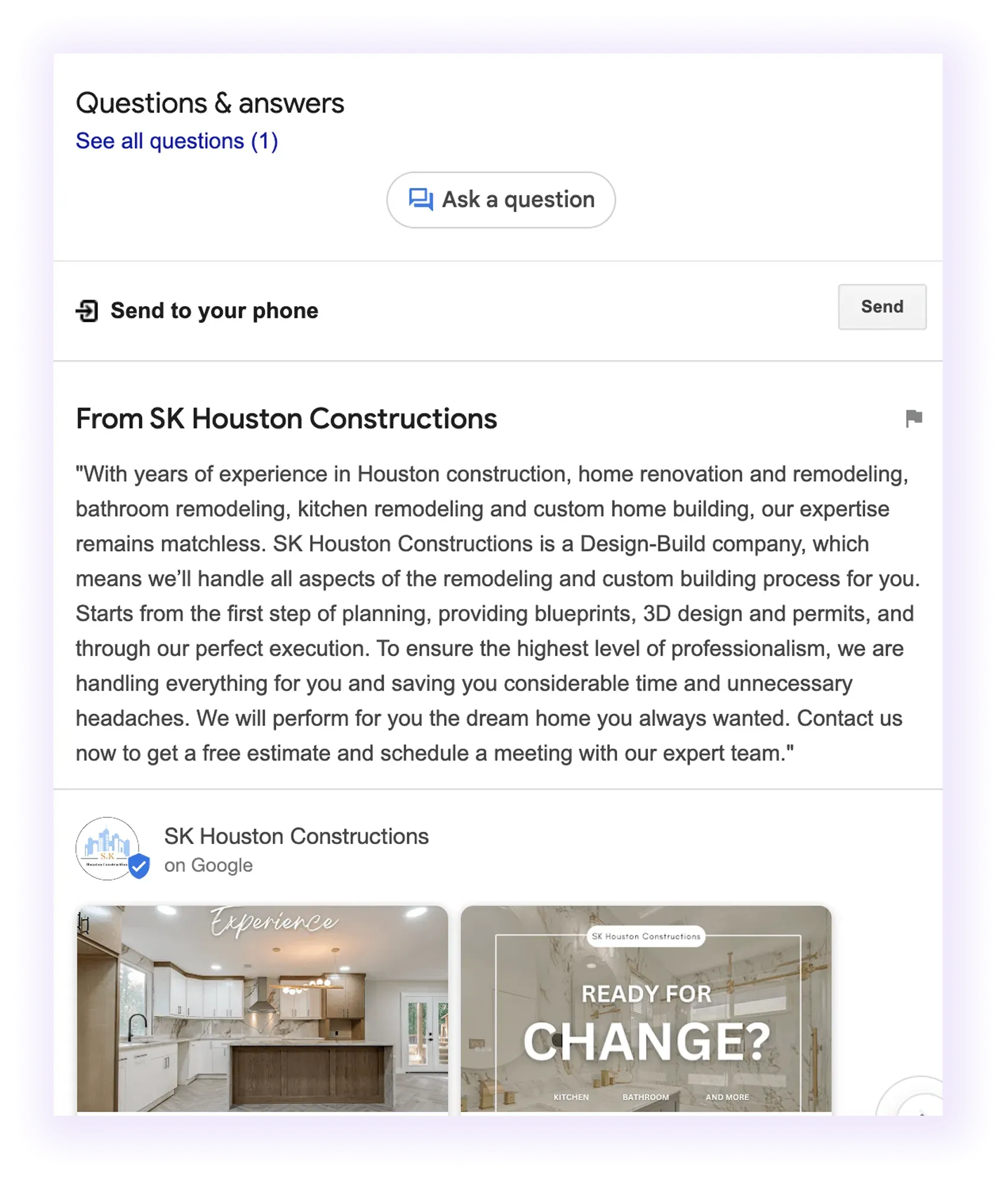 Company description section example for a home builder GBP