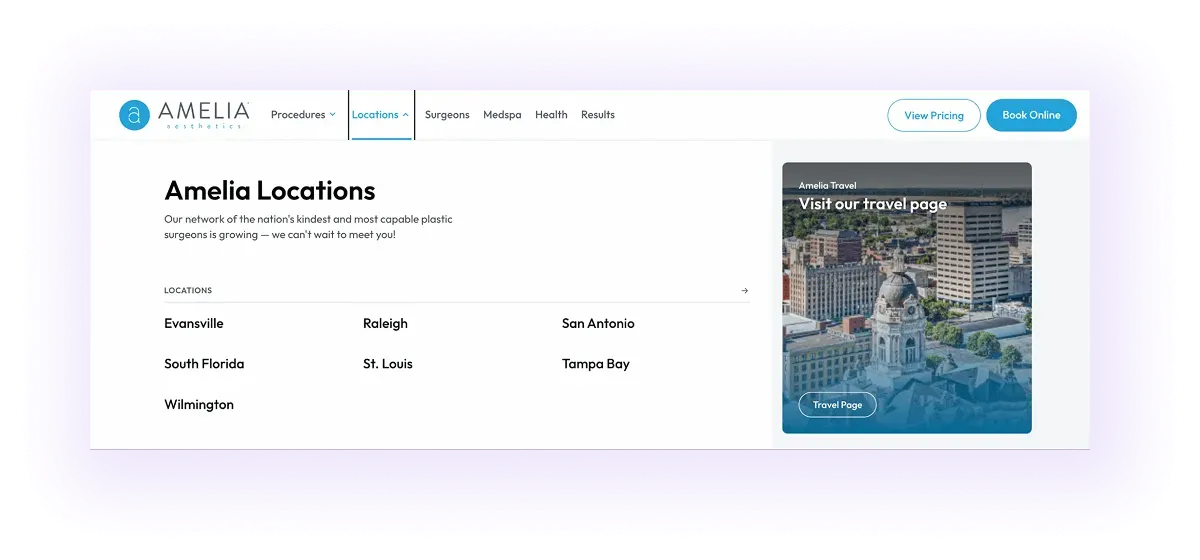 location pages linked in a navigation bar of a plastic surgeon website