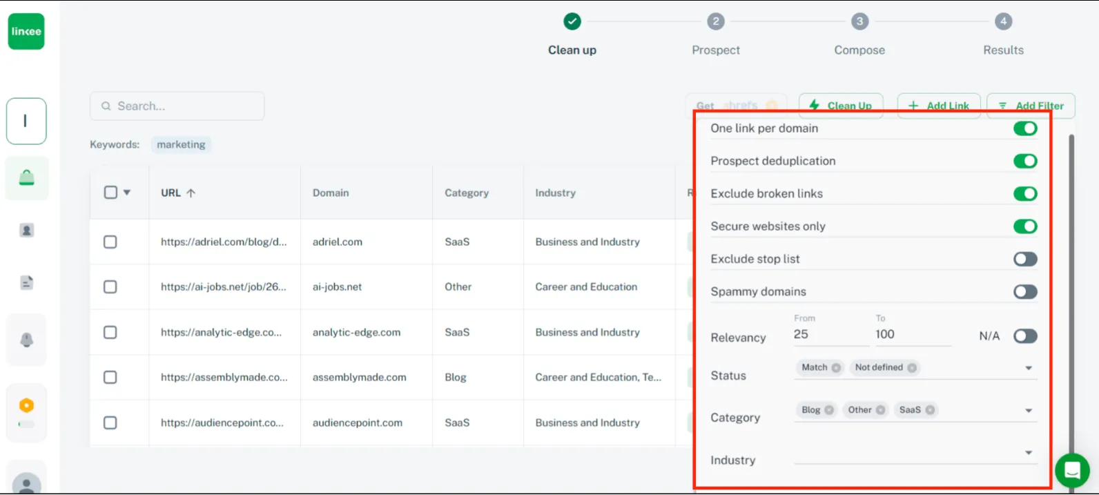 Linkee link building software dashboard