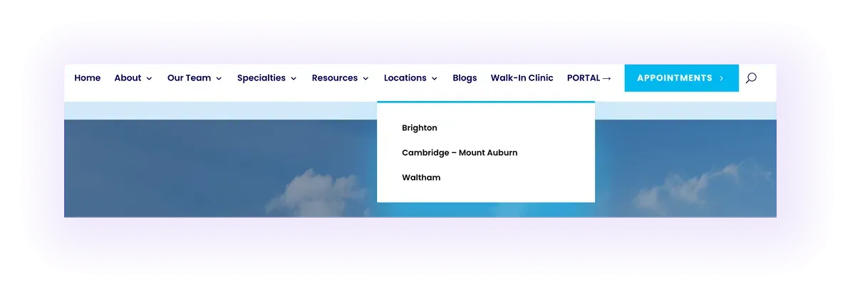 orthopedic website navigation bar with local pages on a drop-down menu