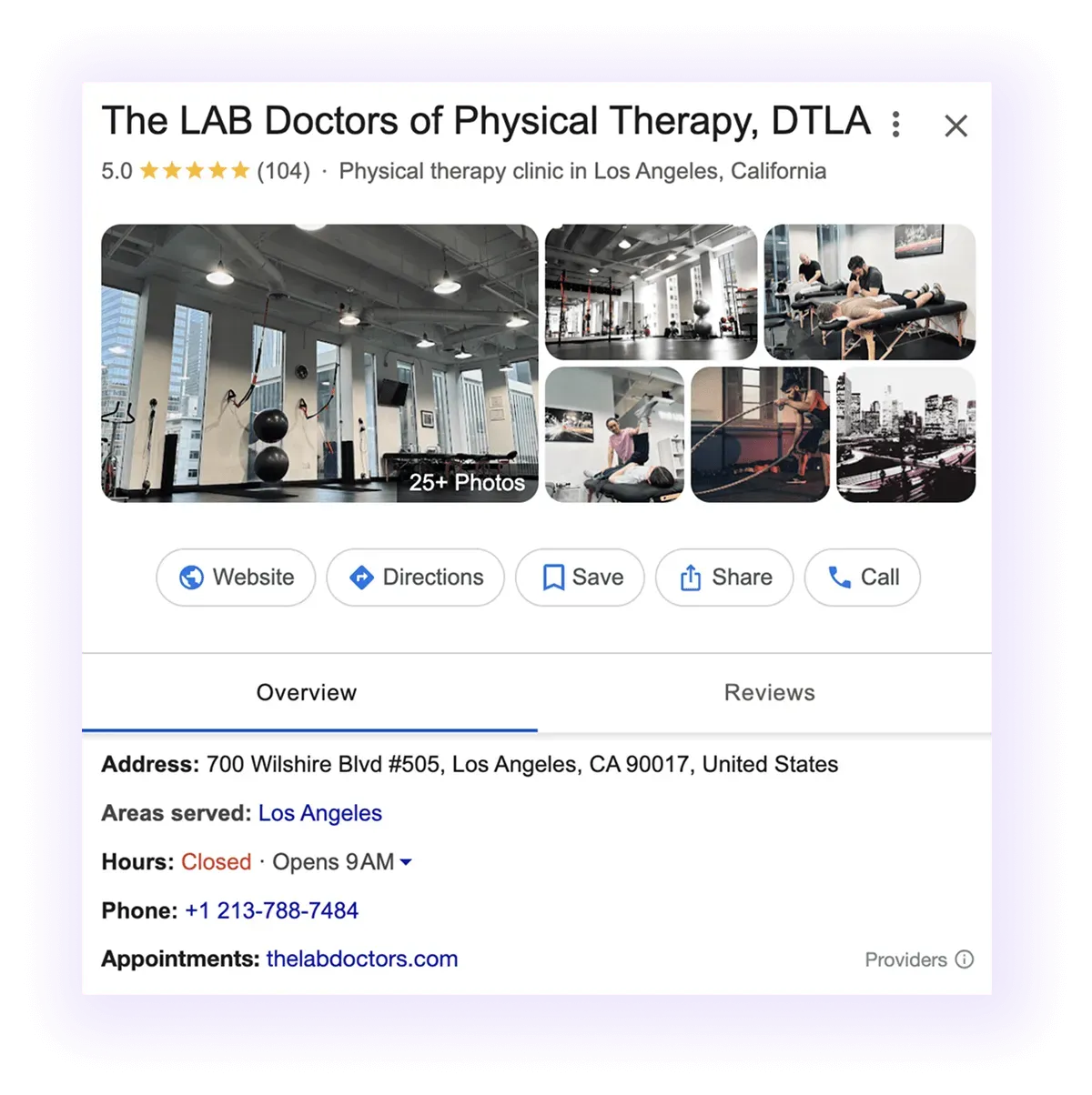 Google Business Profile overview and NAP example for a physiotherapy GMB listing