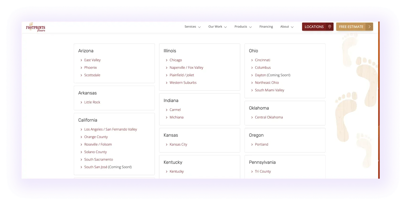 Locations master page in a flooring website