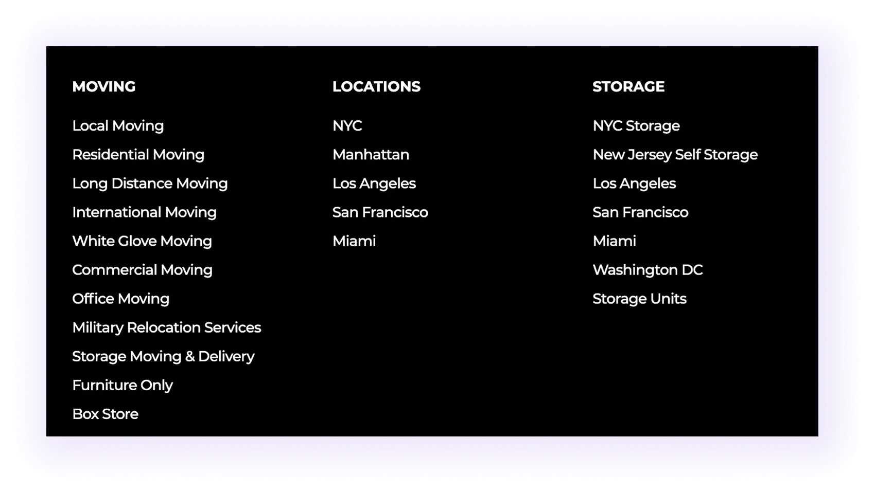 moving locations pages in a moving company website footer