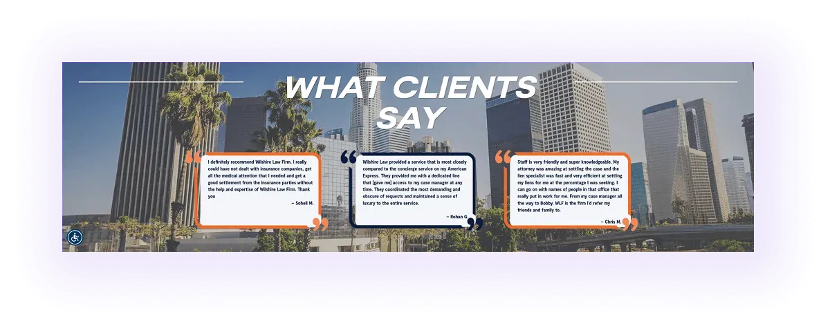 client testimonials block on a law firm website