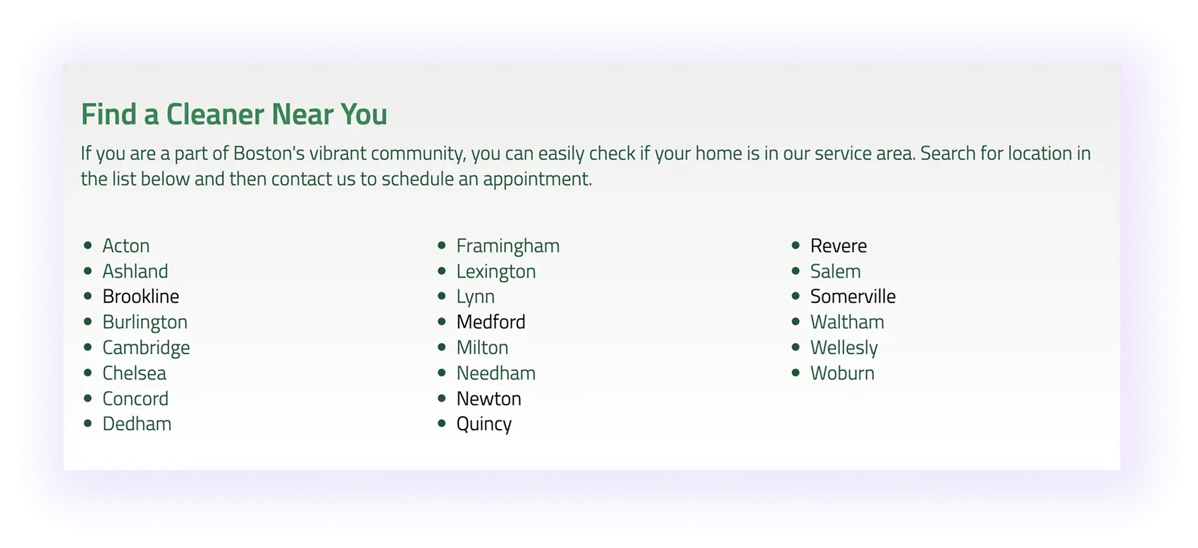 location pages linked on a carpet cleaner website