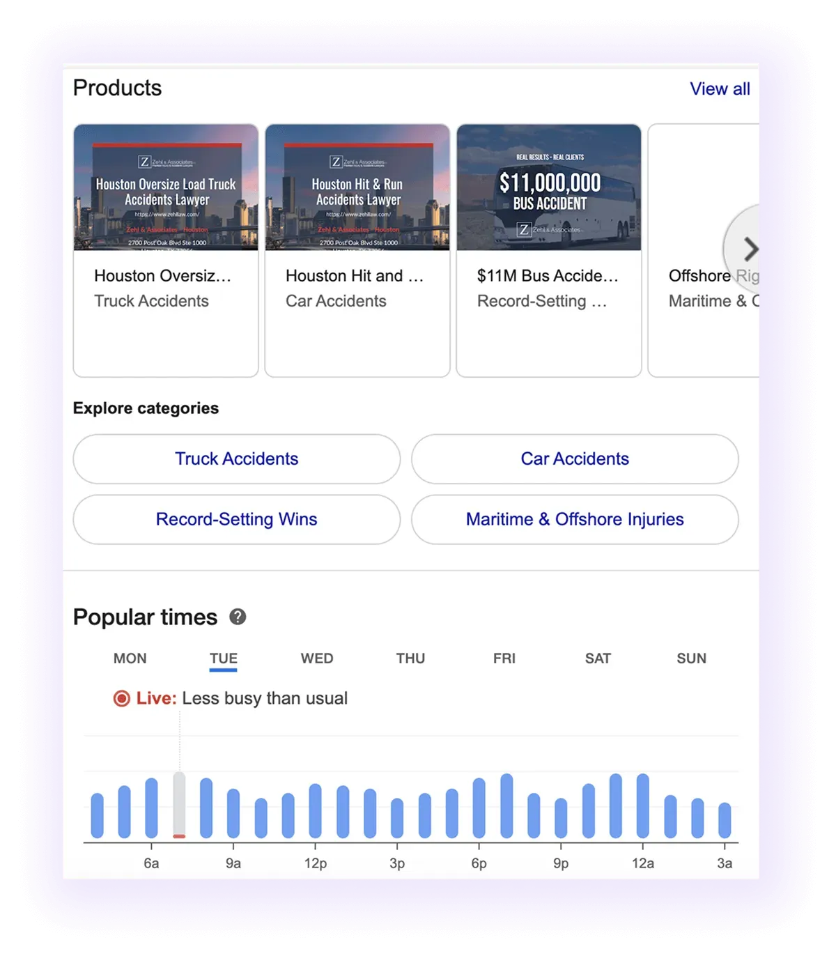 products, categories, and popular times sections example for a law firm GMB listing
