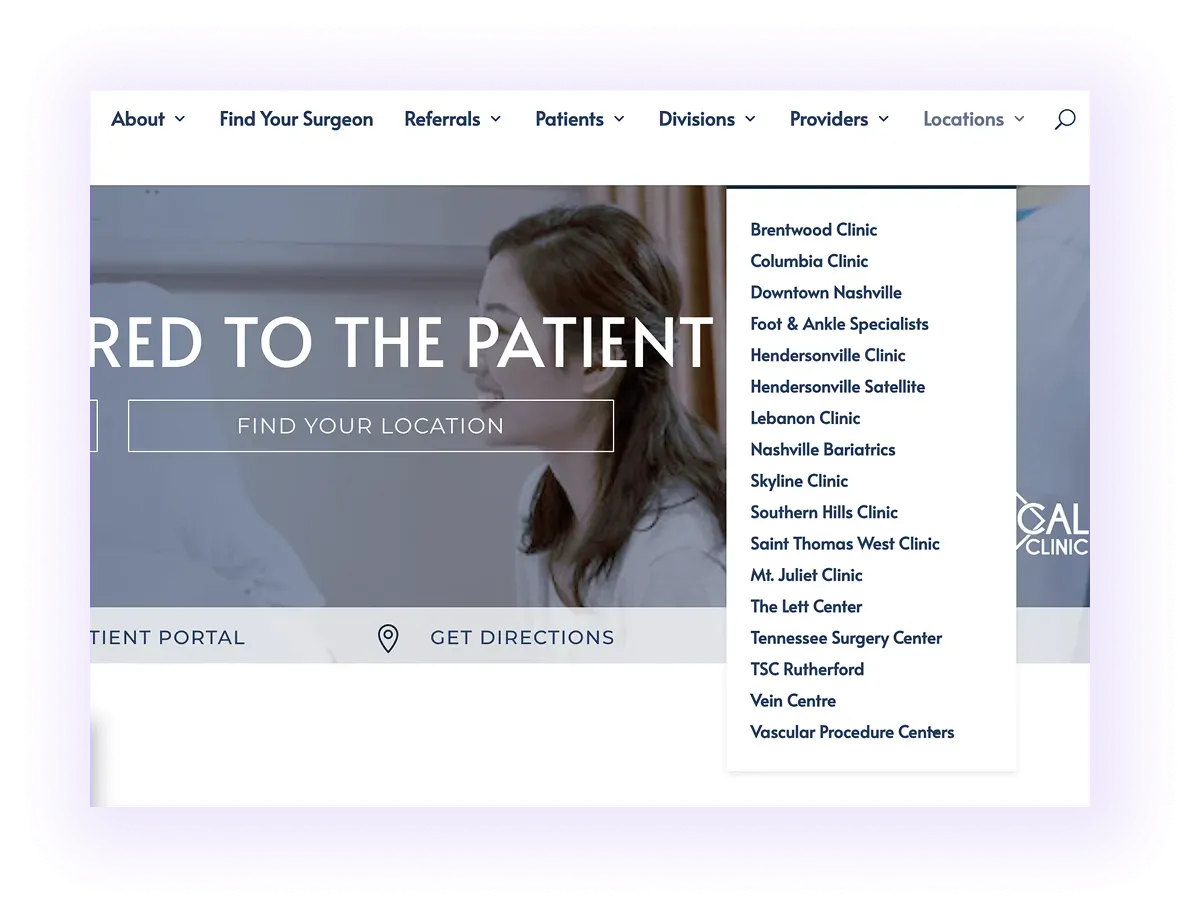  local pages linked in the navigation bar on a surgeon website