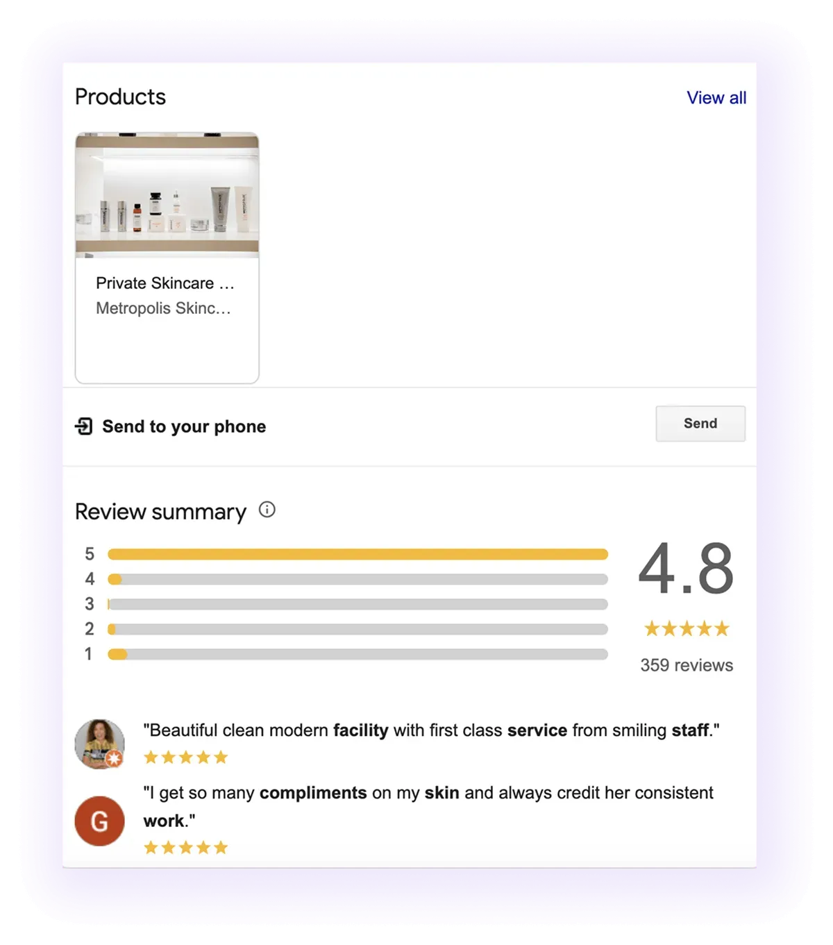products and review sections example for a dermatology GMB listing